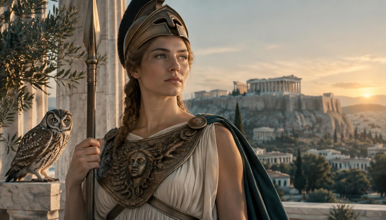 Athéna casquée, lance et égide, une chouette près d'elle devant l'Acropole.