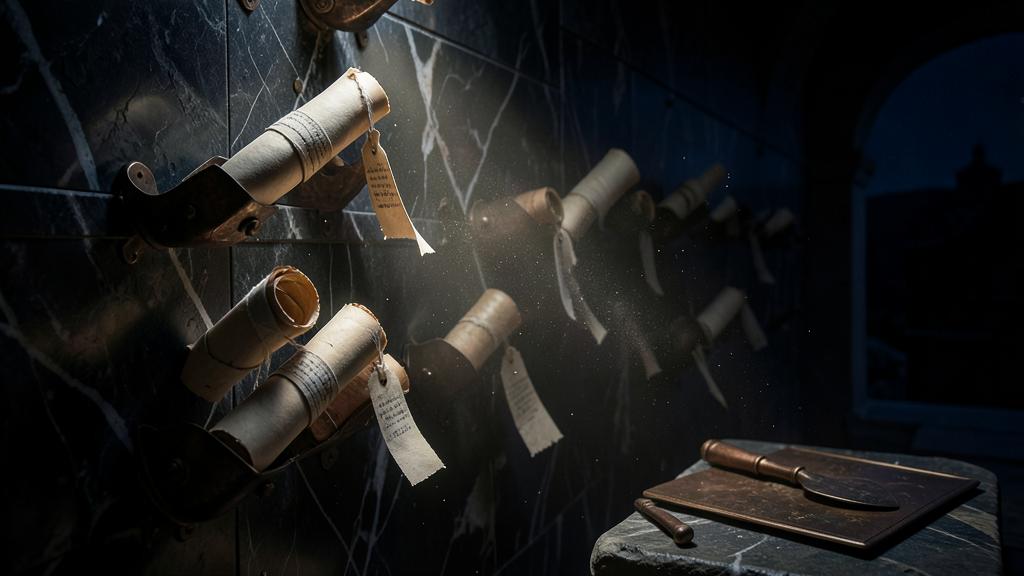 Rouleaux de papyrus étiquetés dans des casiers de bronze — reconstitution artistique