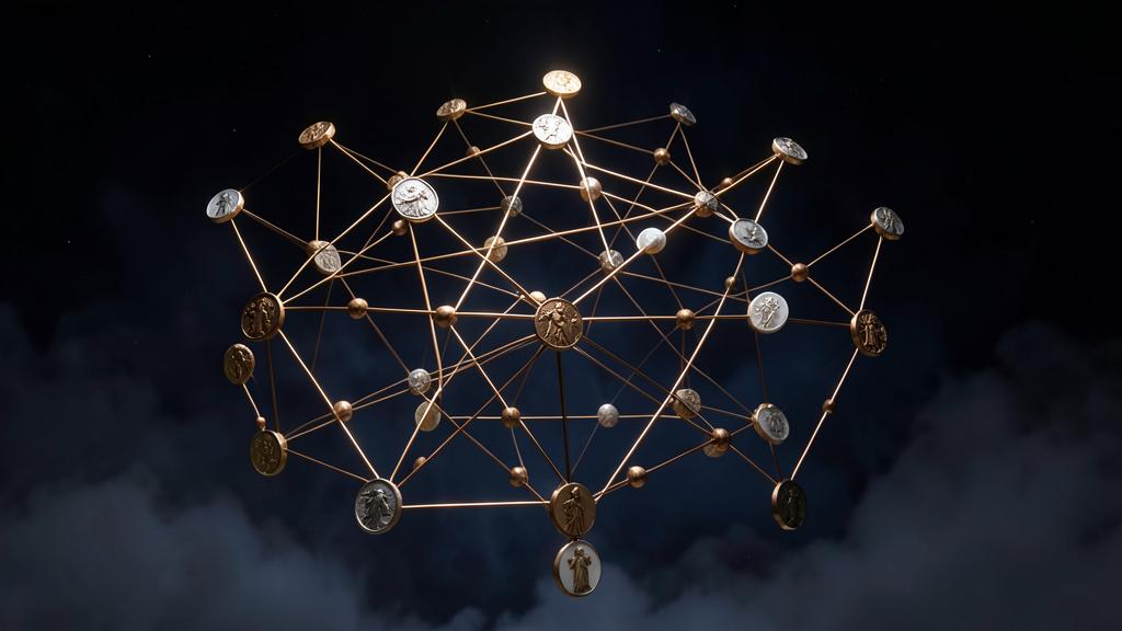 Médaillons de bronze reliés par un réseau de fils lumineux — reconstitution artistique
