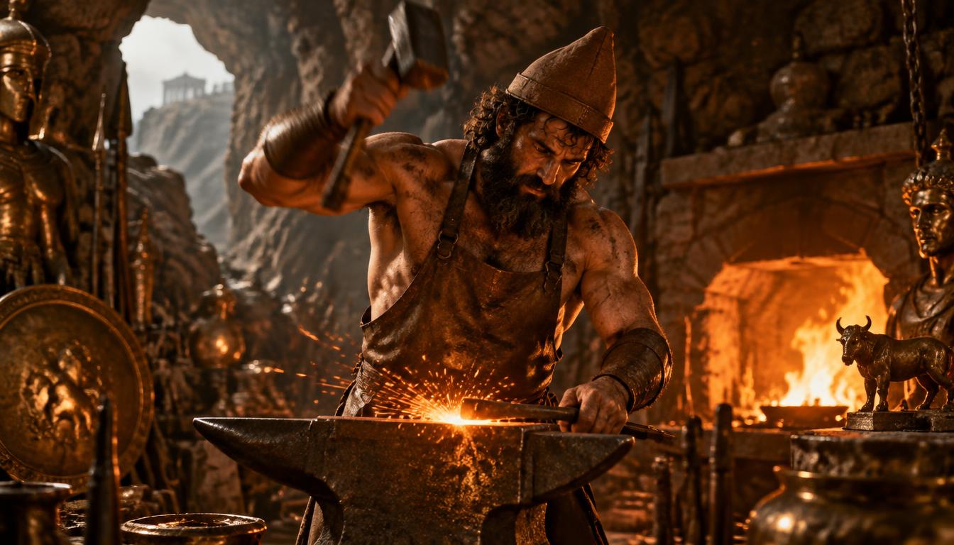 Héphaïstos au marteau devant l'enclume, forge embrasée.