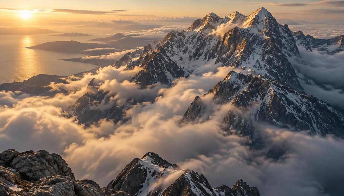 Massif de l'Olympe émergeant d'une mer de nuages à l'aube.