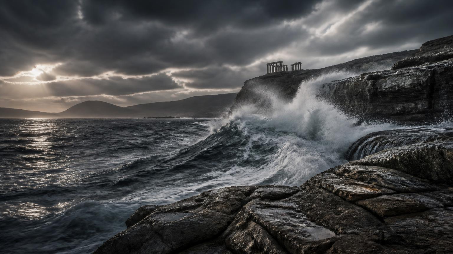 Vague frappant la roche sous un ciel d'orage — reconstitution artistique
