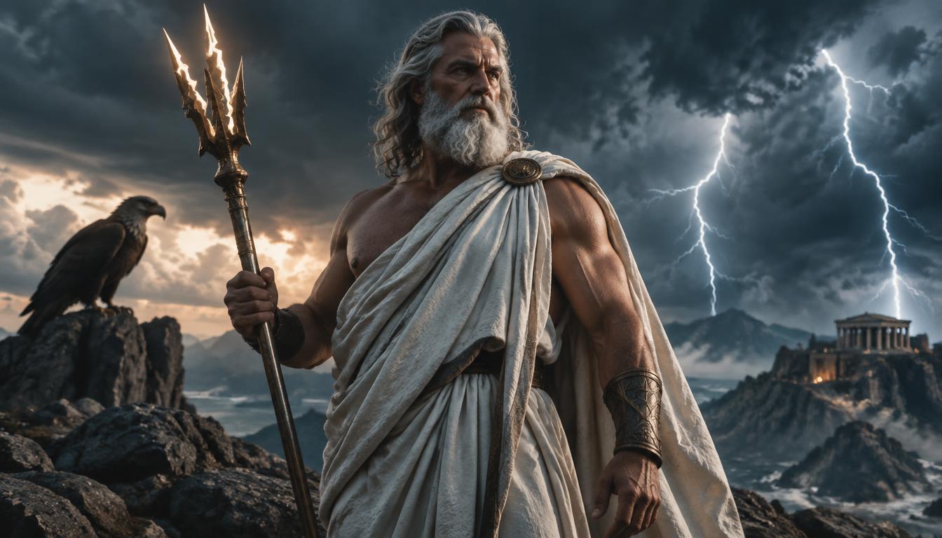 Zeus sur un sommet d'orage, tenant la foudre, un aigle à ses côtés.